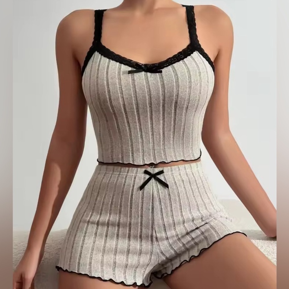 NWT Ribbed Knit Lace-Trim Cami & Short Pajama Set - Grey - Size XLarge